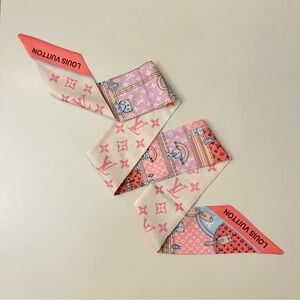 New 100% Silk "Vintage Traveler" Bandeau Scarf - Pink & Blue Trunk Print